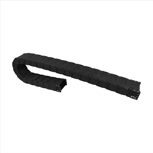 Lightweight plastic drag chain cable carrier for automation equipment.